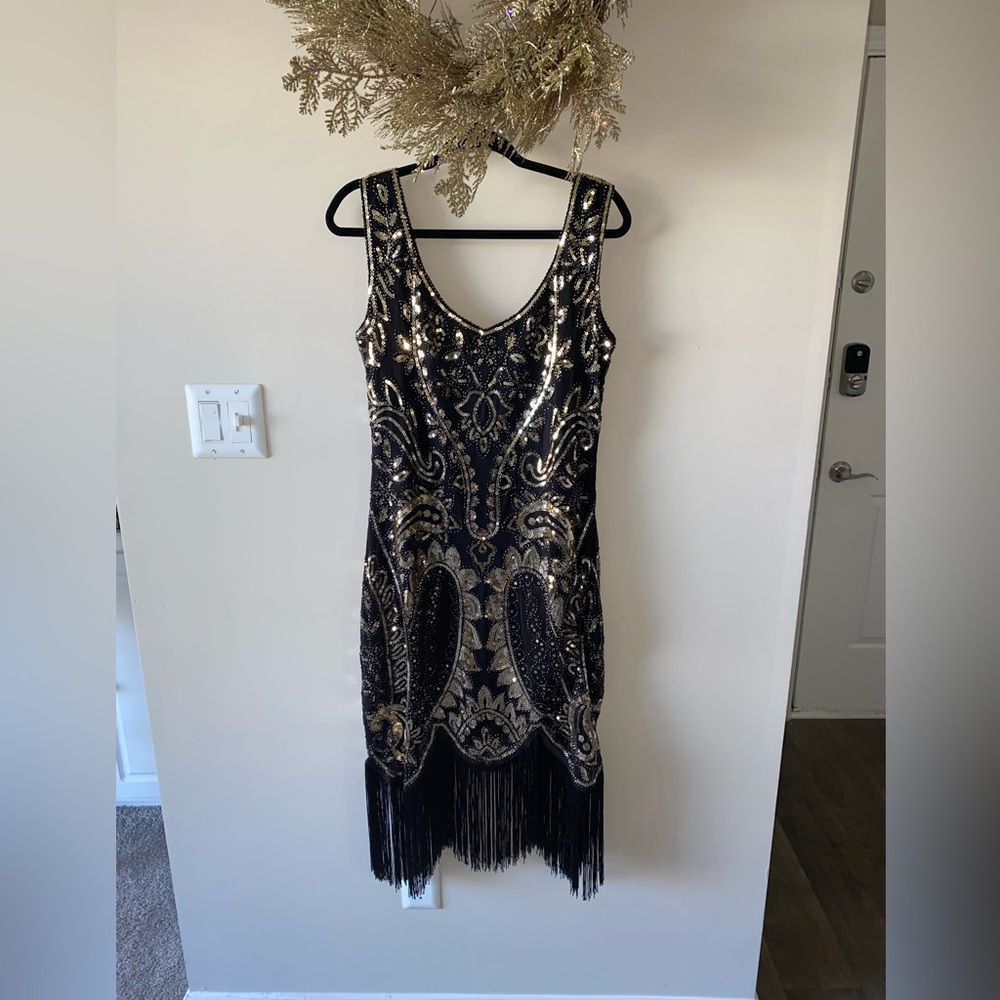 Black and gold fringe flapper evening dress